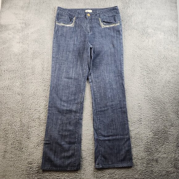 FYLO Denim - Women's Bootcut Mid Rise Dark Wash Jeans Size 14 Blue Embroidered Embellished